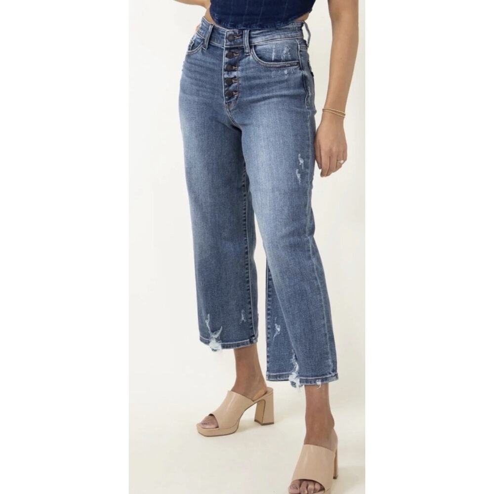 Judy Blue Jeans Women 9 29 Blue High Waist wide leg Distressed Button Fly - Picture 2 of 16